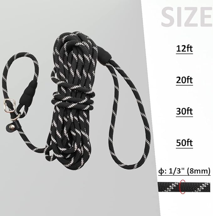 Long Slip Lead Dog Leash Reflective Anti-Choking 12 FT/20 FT/30 FT/50 FT Rope Training Leash for Medium Dogs Small Puppy Pets (30ft, Black)