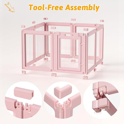 DIY Clear Acrylic Dog Playpen House,Quick Easy Assembly and Disassembly,Strong Floor Suction,Indoor and Outdoor Use,Easy Cleansing Puppy Fence (Skin Pink, 23.6" H, 8PCS)