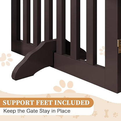 PUPETPO 24”H Freestanding Wooden Pet Gate, Dog Gate for Stairs, Doorways, and Hallways, Step Over Foldable Pet Fence for Indoor Use, Support Feet Included, 60 inch Wide 3 Panels, Espresso