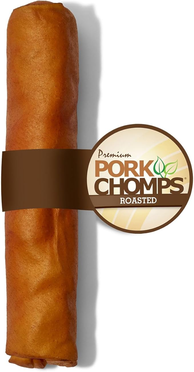 Pork Chomps Roasted Pork Skin Dog Chew, 8 Inch Roll, 1 Count - Long-Lasting Treats for Dogs - High Protein, Rawhide-Free, Low Fat, Healthy & Delicious Chews