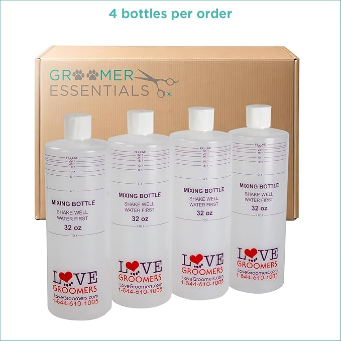 Groomer ESSENTALS 32oz Dilution Bottles - Set of 4 - Professional Dog Grooming Mixing Bottles for Shampoo, Conditioner, and Solutions