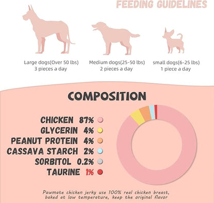 Pawmate Dog Treats Chicken Jerky Rings, Rawhide-Free Grain-Free Real Dried Tenders Natural Chicken Breast Dog Chewy Training Snacks for Small Medium Large Dogs Large Pack, 10.6 oz