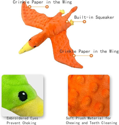 Squeaky Dog Toys Plush Dog Toy with Crinkle Paper Stuffed Durable Dog Chew Toys for Small Middle and Large Dogs Pterodactyl Orange