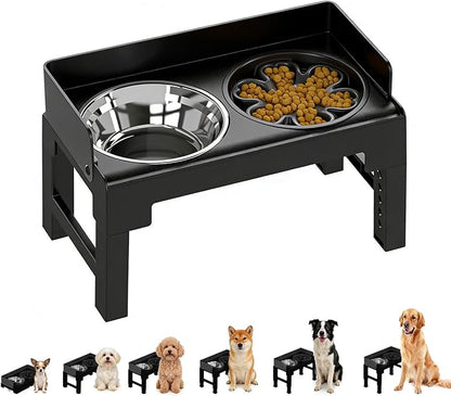 PAKEWAY Elevated Dog Bowls, Spill Proof, Tiltable Pet Feeder with 1 Slow Feeder Bowl &1 Stainless Steel Bowl, 6 Height Adjustable Raised Dog Bowls Stand for Medium Large Dogs
