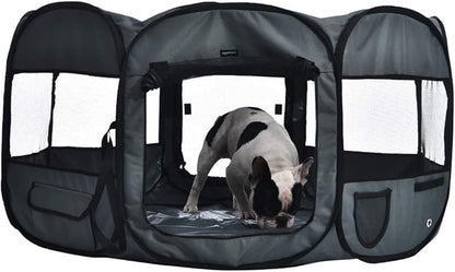 AmazonBasics Foldable Octagonal Indoor/Outdoor Portable Soft Pet Dog Playpen with Storage Pockets, Large (45 x 45 x 24 inches), Grey