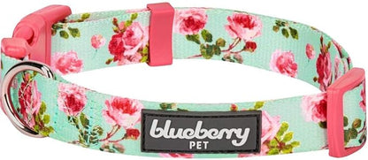 Blueberry Pet Dog Collar - Turquoise Floral Rose Print, Adjustable Small Dog Collar for Neck 12-16", Girl Dog Collars for Small Dogs, Puppy Collars, Easter Dog Collar, Eco-Friendly