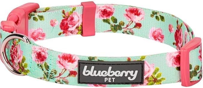 Blueberry Pet Floral Rose Turquoise Dog Collar - Cute Girl Collars for Large Girl Dog Collars, Adjustable & Durable Collar for Dogs, Neck 18-26"