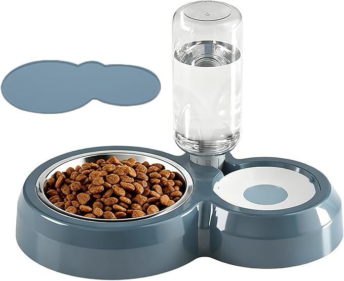 Double Dog Cat Bowls, Pets Food and Water Bowl Set with Automatic Water Dispenser and Stainless Steel Bowl Silicone Dog Bowl Mat, Gravity Feeder for Cats and Small Dogs Puppies (Blue)