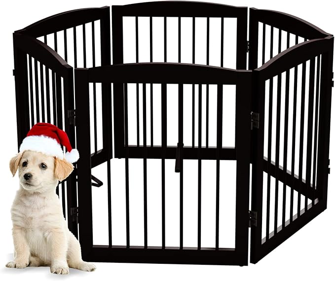 PUPETPO Freestanding Pet Gate for Dogs, Foldable Wooden Dog Gate for House, Extra Wide Indoor Pet Barrier for Stair, Doorway, Hall, Support Feet Included, 120 Inch Wide, 6 Panels 24", Brown