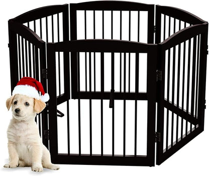 PUPETPO Freestanding Pet Gate for Dogs, Foldable Wooden Dog Gate for House, Extra Wide Indoor Pet Barrier for Stair, Doorway, Hall, Support Feet Included, 120 Inch Wide, 6 Panels 24", Brown