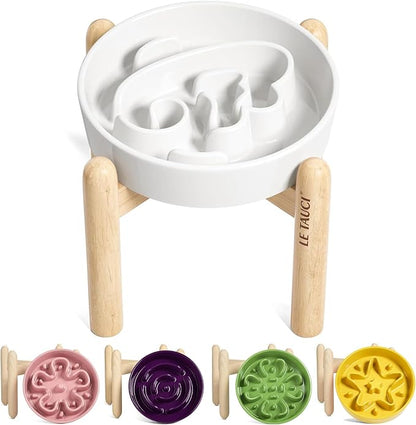 LE TAUCI Ceramic Slow Feeder Dog Bowls Elevated, 1.5 Cups Raised Dog Bowl with Wooden Stand for Small Medium Breed to Slow Down Eating, Puzzle Food Bowl,Angel White