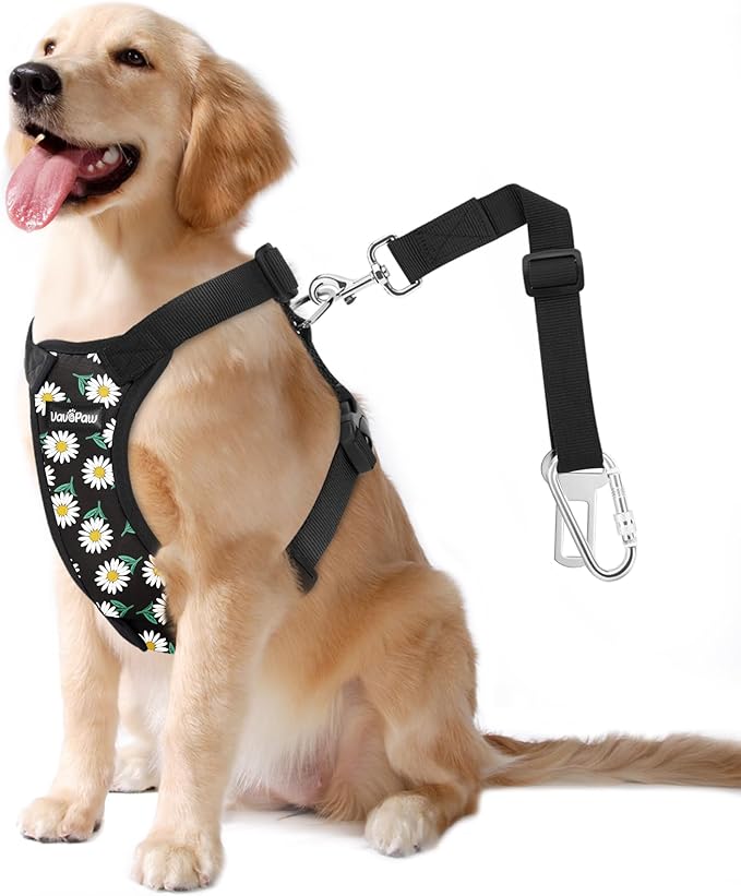 VavoPaw Dog Seat Belt, Safety Vest Dog Car Harness with Adjustable Buckle Dog Seat Belt for Vehicle Nylon Pet Safety Seat Belts Heavy Duty(L, Black Daisy)