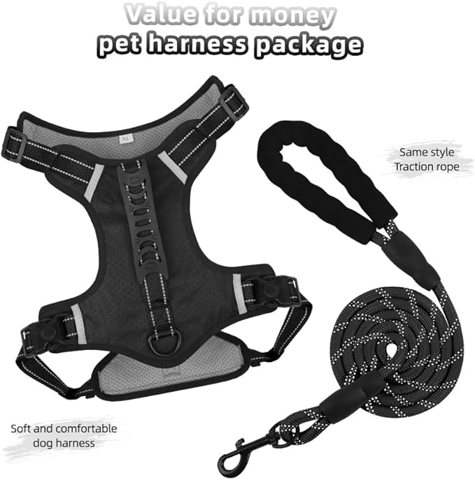 Dog Harness No Pull Adjustable Reflective,for Medium and Large Small Dog with Leash 59.06in (Black, XL)