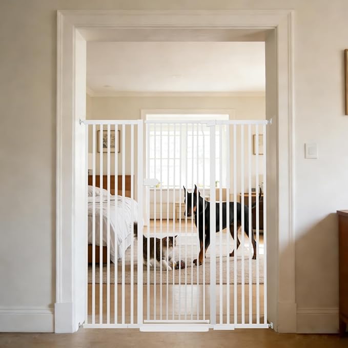 Lumizone Extra Tall Cat Gate 55.12" High Pressure Mounted Extra Wide 2025 New (17 Sizes) 1.37" Gap No Drilling Auto-Close One-Handed Operation Tall Pet Gate for Dogs(White, 55.12" H x 29.92"-59.44" W)