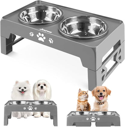 Jovrun Elevated Dog Bowls for Small Dogs and Cats, Non-Slip Cat Bowls with 2 Thick 5.5" Stainless Steel Dishes, Dog Feeder 2 Heights Adjustable to 2.6"-5.3"