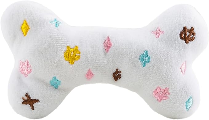 Haute Diggity Dog Chewy Vuiton Bone Plush Squeaky Dog Toy, Soft Durable Designer-Inspired Stuffed Puppy Chew Toys for Small & Medium Dogs, Machine-Washable (White) Small