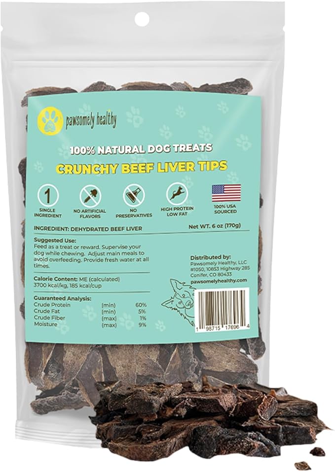 Pawsomely Healthy Crunchy Beef Liver Tips for Dogs – Natural Single-Ingredient Air-Dried Treat, High-Protein & Grain-Free, Made in USA - 6 oz