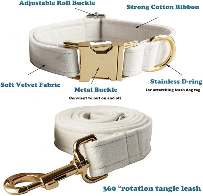Love Dream Velvet Dog Collar and Leash Set, Soft & Comfy Adjustable Dog Leash and Collar with Heavy Duty Metal Buckle for Small Medium Large Dogs Training & Walking (Large, White)