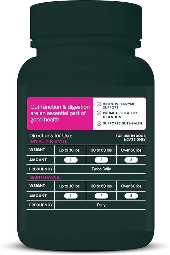 VetriScience Healthy Gut & Digestion Easy-Open Capsules, Acetylator Digestive Enzyme Supplement for Dogs and Cats, Soothe Gut and Bowel Discomfort, 120 Count