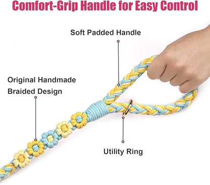 Handmade 5ft Braided Cotton Dog Leash with Unique Floral Handle, Durable and Stylish, Ideal for Small to Large Dogs, Blue & Yellow Twist