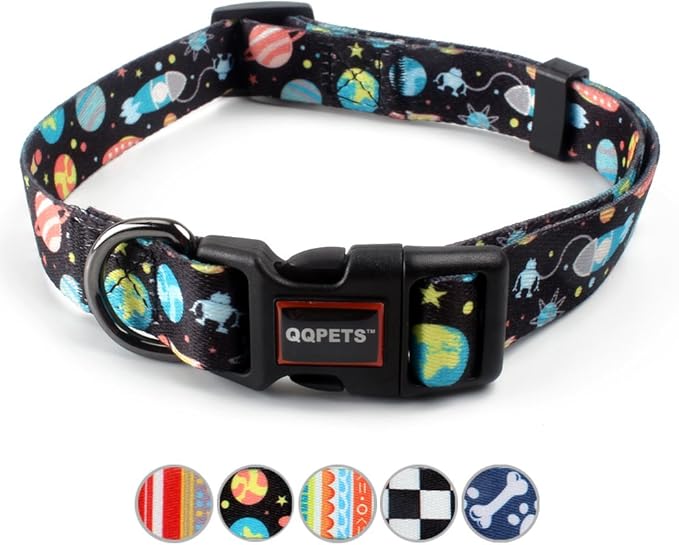 QQPETS Adjustable Soft Dog Collar: Print Flower Pink Multicolor Cute Patterns for XS Small Medium Large Pet Girl Boy Puppy Walking Running Training (L, Space)