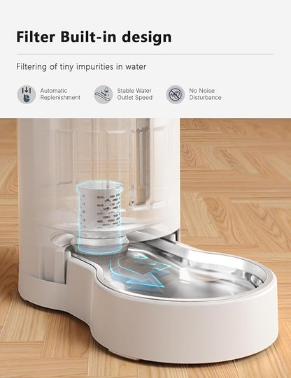 CZPET Dog Water Bowl Dispenser with Filter, 8L Automatic Dog and Cat Water Dispenser with Stainless Steel Bowl, Gravity Waterer, Large Capacity, and Quiet Drinking Area for Pets (8L+Filter,White)