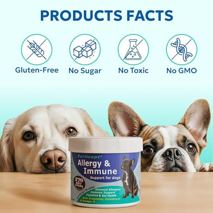Forticept Allergy & Immune Probiotics for Dogs, Support Seasonal Allergies, Gut & Digestive Health - Enzymes, Colostrum, and Omega 3 Helps with Hot Spot and Yeast, Itch Relif