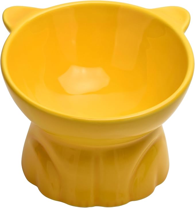 Elevated Cat Food Bowl,9 Oz Ceramic Raised and Tilted Water Bowl,Anti Vomiting and Protect Pets Spines Dishes for Fat Faced Cat, Indoor Cats,Kitten,Small Dog (Yellow)