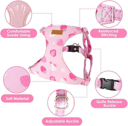 Lukovee Puppy Harness and Leash Set, No Pull Lightweight Soft Suede Adjustable Pet Harness Vest with Snap Buckle for Puppy Small and Medium Size Dog (Pink Strawberry, XXS)