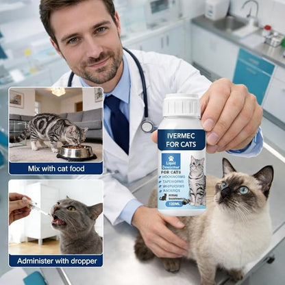 lvermect Dewormer Liquid for Cats, Cat Dewormer, Digestive Cleanser Treatment, Broad Spectrum for All Wormer, Round Worms, Pin Worms, Hookworms, Lung Worms, Cats Internal Balance Support