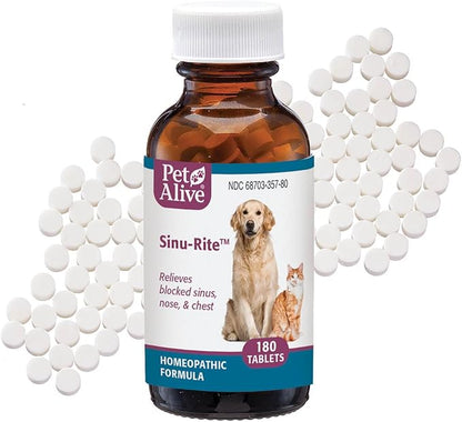 PetAlive Sinu-Rite Dog and Cat Nasal Congestion Relief - Homeopathic Tablets - Supports Relief from Dog Sinus Congestion, Runny Nose, Facial Pressure - Dog Sneezing Treatment - 180 Count