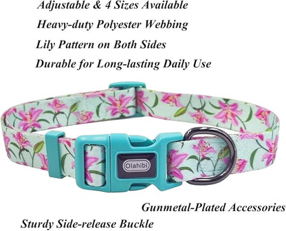 Dog Collar Leash Set, Floral Pattern, Polyester Material, Adjustable Collar and 5ft Matchcing Leash, for Puppy Dogs.(XS, Green Lily)