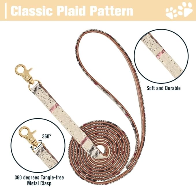 EXPAWLORER Puppy Collar and Leash Set - Embroidered Pawprints Plaid With Bow Tie, Bandana, and Bell for Dogs Cats Outdoor Walking, Beige XS
