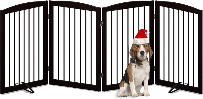 PUPETPO Freestanding Pet Gate for Dogs, Indoor Wooden Foldable Dog Gate for House, Doorway, Stair, 80 Inch Wide, 4 Panels 32",Brown