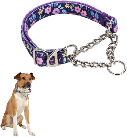 Chain Martingale Collar for Dogs,No Pull Slip Cinch Choker Choke Collar Training Escape Proof Heavy Duty Stainless Dog Collar for Small Medium Large Pet Boy Male Dogs，Purple Flower M