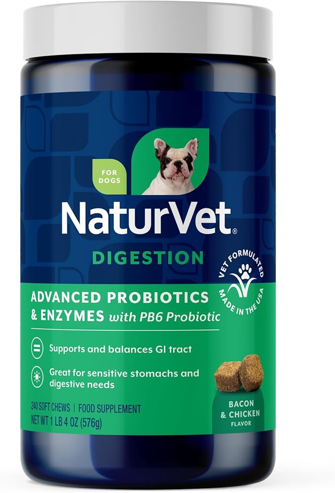 NaturVet Advanced Probiotics & Enzymes, PB6 Dog Soft Chews to Help Sensitive Stomachs and Digestive Issues, Hickory Smoked Bacon Flavored Pet Supplement for Dogs Over 6 Weeks, 240 Count Jar