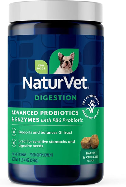 NaturVet Advanced Probiotics & Enzymes, PB6 Dog Soft Chews to Help Sensitive Stomachs and Digestive Issues, Hickory Smoked Bacon Flavored Pet Supplement for Dogs Over 6 Weeks, 240 Count Jar