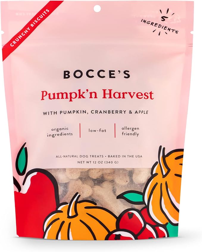 Bocce's Bakery Natural, Small Batch, Organic Dog Treats, Pumpk'n Harvest Biscuits, Wheat-Free, Limited-Ingredient, Made in The USA with 100% Recyclable Packaging, 12 oz Bag
