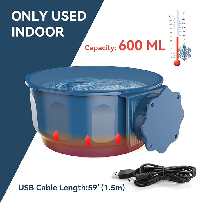 PETLESO Indoor Pet Small Heated Water Bowl, Cat Thermal Bowl in Winter, 600ML Hanging Heated Water Bowl for Rabbit Cage Dog Crate, Indoor USB Portable Warm Dish for Dogs Cats Rabbits Birds, Blue