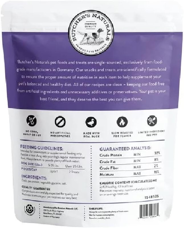 Butcher's Naturals Dog Treat Real Duck Slow Roasted Small Batch Contains 75% Meat No Corn No Soy (40 OZ)