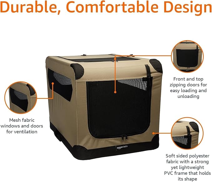 Amazon Basics Portable Folding Soft Dog Crate for Cat, Dog, Rabbit, Double Door with Mesh Ventilation, Collapsible, Easy to Set Up, Large 36" x 24" x 24", Tan