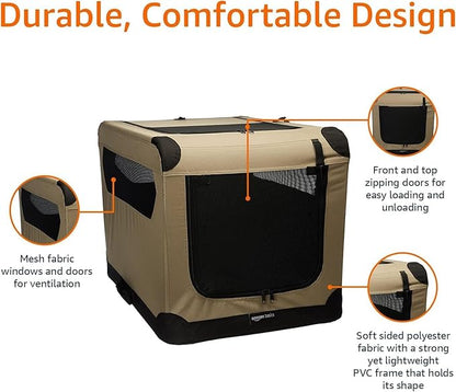 Amazon Basics Portable Folding Soft Dog Crate for Cat, Dog, Rabbit, Double Door with Mesh Ventilation, Collapsible, Easy to Set Up, Large 36" x 24" x 24", Tan