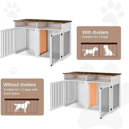 55'' Dog Crate Furniture for 2 Dogs, Wooden Dog Cage with Storage Compartment, Indoor Dog Kennel with 2 Doors for Large/Medium Dogs, White