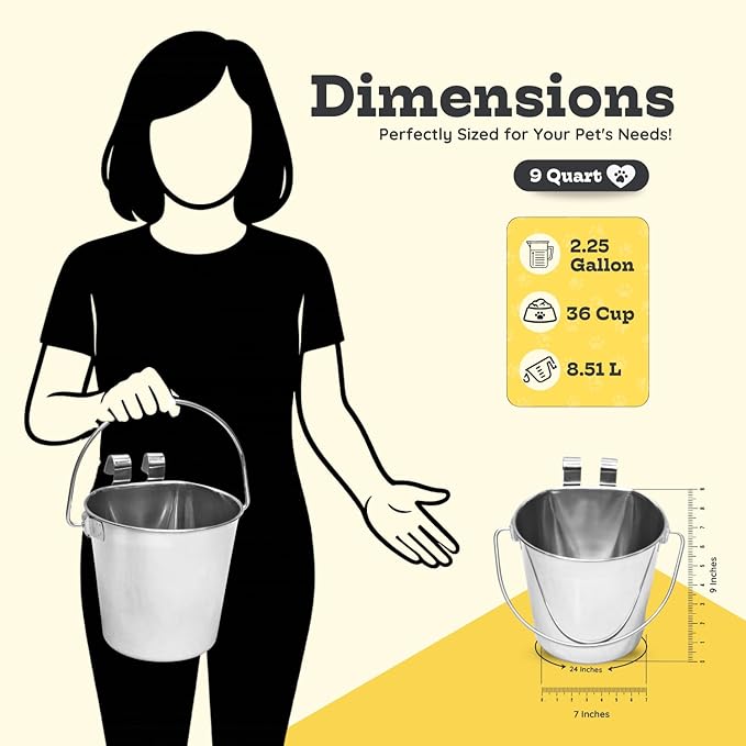 9 quart Stainless Steel Flat Sided Bucket with Dual Hooks | 2.25 gal Food & Water Bowl for XL Dog Goat Sheep Cattle Horse & Livestock | Fits kennel Crate Cages Farm | Hanging Utility Pail