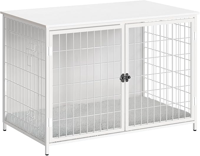 MAHANCRIS Dog Crate Furniture with Cushion, Wooden Dog Kennel with Double Doors, Heavy Duty Dog Cage for Small/Medium/Large Dogs, Indoor Dog House End Table, 39.4" L, White DCBW10701