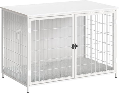 MAHANCRIS Dog Crate Furniture with Cushion, Wooden Dog Kennel with Double Doors, Heavy Duty Dog Cage for Small/Medium/Large Dogs, Indoor Dog House End Table, 39.4" L, White DCBW10701