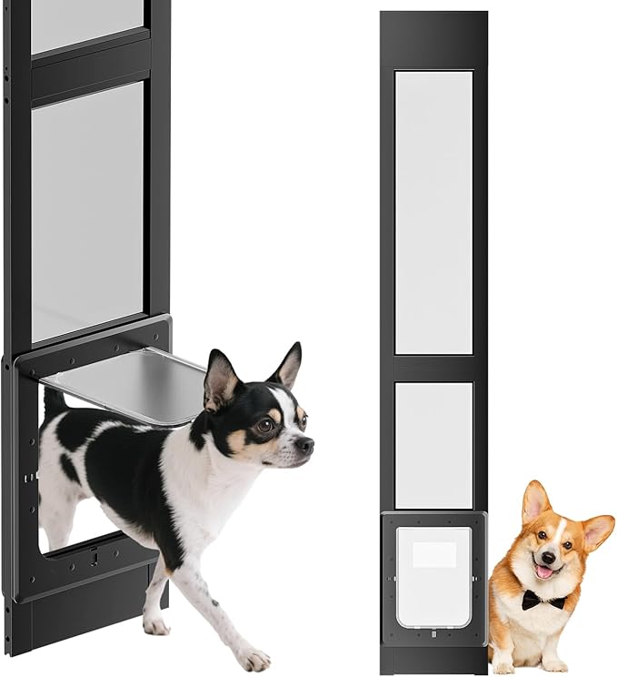 Dog Door for Sliding Glass Door, Magnetic Plastic Flap Sliding Door Pet Insert with Lock, Adjustable Height 74.2”-80.7”, No-Cut Installation for Patio Dog Access(Black M)