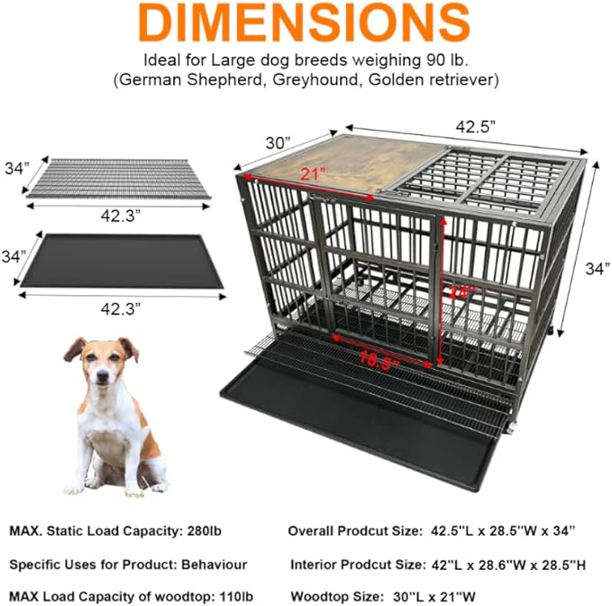 BOLDBONE 42" Furniture Dog Crate for Large Dogs, Heavy Duty Dog Kennel Indoor with Removable Crate Trays, Wheels and Stylish Wooden Top, Extra Large XL XXL Dog Cage