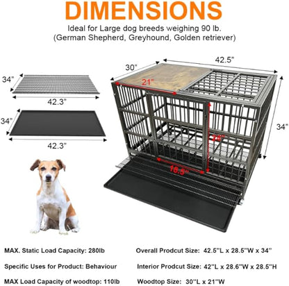 BOLDBONE 42" Furniture Dog Crate for Large Dogs, Heavy Duty Dog Kennel Indoor with Removable Crate Trays, Wheels and Stylish Wooden Top, Extra Large XL XXL Dog Cage
