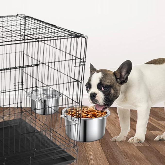 Crate Food and Water Bowl, ShineMe 2 Pack Stainless Steel Hanging Pet Bowls for Crates Kennels Cages, Metal Dog Crate Bowls Hanging No Spill for Medium and Large Pets (7.1 * 3.5” & 5.5 * 3.2”)